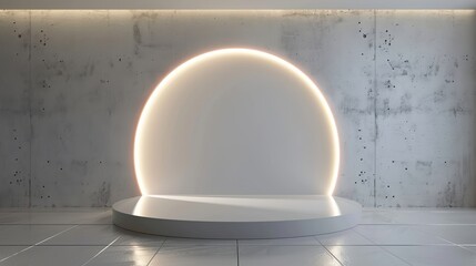 Fototapete - Sci-fi white empty room concept with semi circle glowing neon lighting. Modern rendering 3D shape, Product display presentation. Futuristic wall scene.