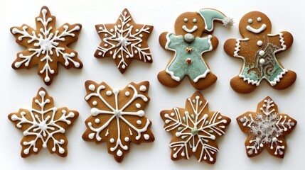 Poster - An illustration of gingerbread cookies and candy shapes with snowflakes, stars, men, angels, and snowflakes on a white background.