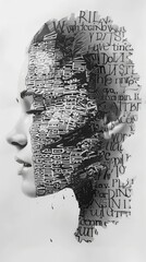 Wall Mural - drawing of a woman's head made entirely of words and letters