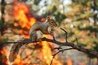 squirrel on tree branch with forest fire backdrop