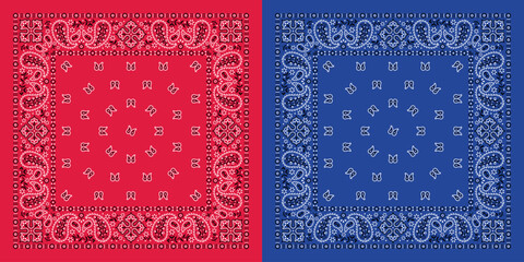 Classic paisley bandana pattern. Red and blue handkerchief. Vector illustration.