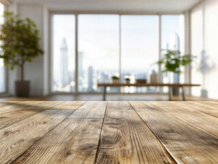 Poster - Wooden table leading to large windows with cityscape view, blurred background. Interior design template with copy space. High quality photo