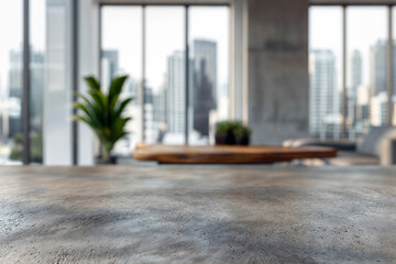 Poster - Concrete table leading to a blurred modern living room with cityscape view. Interior design mockup with copy space. High quality photo