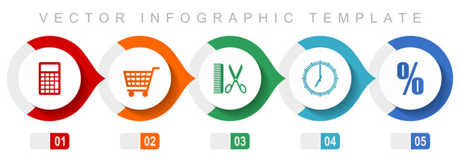 Poster - Shopping flat design infographic template, miscellaneous symbols such as calculator, cart, barber, clock and percent, vector icons collection