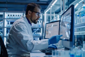 Wall Mural - a pharmaceutical scientist is conducting tests and recording all the tests on a powerful computer in