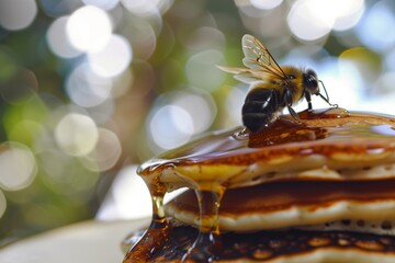 Wall Mural - bee on a stack of pancakes with syrup