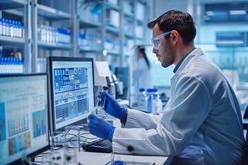 Wall Mural - a pharmaceutical scientist is conducting tests and recording all the tests on a powerful computer in
