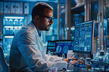 Wall Mural - A pharmaceutical scientist is conducting tests and recording all the tests on a powerful computer in a science laboratory, ai generative