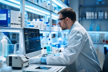 Wall Mural - a pharmaceutical scientist is conducting tests and recording all the tests on a powerful computer in