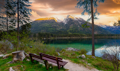 Wall Mural - Beautiful autumn scene of Hintersee lake. Colorful morning view of Bavarian Alps on the Austrian border, Germany, Europe. Beauty of nature concept background.