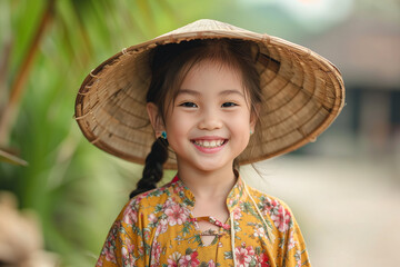 A young thailand girl wearing a yellow flowery dress and a straw hat is smiling