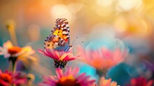Colorful Butterfly Sits On Beautiful Flower, Bright Blurred Background, Copy Space, Close-up Professional Photo
