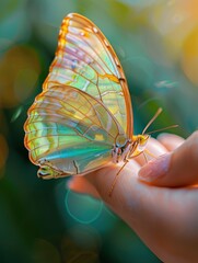  Colorful butterfly sits on woman fingers, harmony of nature, copy space, beautiyful magic close-up professional photo