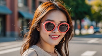 Poster - Smiling Asian woman walking around town