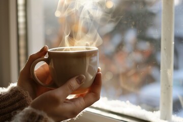 Poster - closeup of hands holding a warm mug, steaming near window