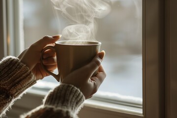 Poster - closeup of hands holding a warm mug, steaming near window