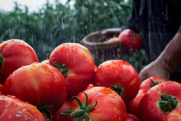 Sticker - bright red tomatoes glistening with rain, farmer observing