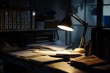 Fototapeta Londyn - dark office with a single desk lamp on highlighting paperwork
