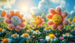 3d Animation cartoon happy spring flowers smiling. Animated background colorful spring flowers. Colorful summer garden with sunlight shining.