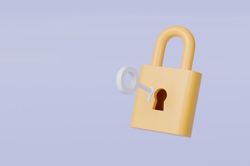 Poster - 3d Padlock with key icon isolated on purple pastel background. Data protection, private access icon, password security access, privacy protection, personal information. Security concept. 3d rendering.