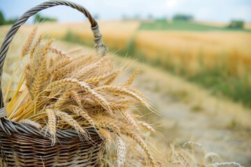 Sticker - basket filled with fresh wheat ears on a field edge