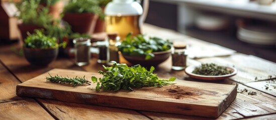 Wall Mural - Selective focus on wooden cutting board with herbs for herbal tea brewing.