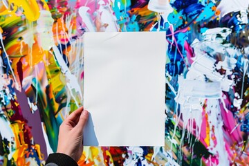 Sticker - hand holding a blank paper, in front of a colorful abstract painting