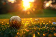 The golden golf ball lies on the lawn at sunset - the ultimate victory of golf