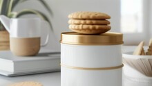 Minimalist Tin Can Mockup Ideal For Packaging Artis Cookies Or Crackers.