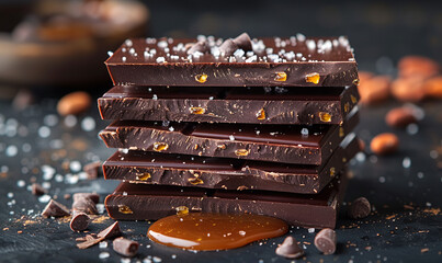 Wall Mural - Chocolate with salted caramel on dark background