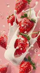 Sticker - Food poster, featuring several oversized Dandong strawberries with splashing milk, set against a solid color background