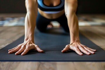 Canvas Print - person doing pushups on a yoga mat, sixpack engaged