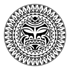 Wall Mural - Round tattoo ornament with sun face maori style. African, aztecs or mayan ethnic mask. Black and white.