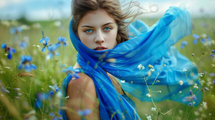 Wall Mural - Beautiful young woman with blue scarf on the wind in the spring