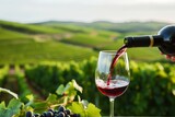 Fototapeta Londyn - person pouring red wine into glass with vineyard backdrop