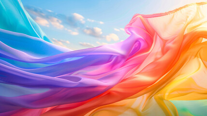 Wall Mural - Rainbow luxury fabric floating in the air bright sky background