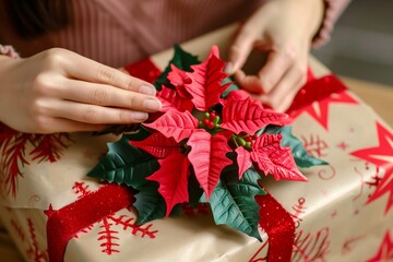 Wall Mural - female attaching an artificial poinsettia to a wrapped christmas present