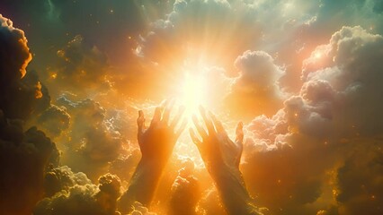 Wall Mural - Hands of god or Jesus Christ in the clouds. Human hands open palm up worship. Eucharist Therapy Bless God Helping Repent Catholic Easter Lent Mind Pray. Christian Religion concept background. fighting