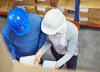 Poster - Checklist, tablet and people in warehouse for inventory, quality control or freight distribution. Manager, teamwork or above of inspector with stock logistics or boxes for supply chain in factory