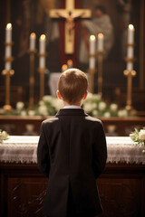 Wall Mural - Young lad of Caucasian background in dark attire positioned at the church altar with candles and a crucifix. Back shot attending a religious service or ceremony. First communion concept.
