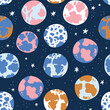 Cosmos seamless pattern for kids fabric or wallpaper. Planets and stars repeated background in hand-drawn style.