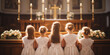 Crowd of girls dressed formally gathered near the church altar with lit candles and a crucifix. Back shot attending a religious service or ceremony. First communion concept.