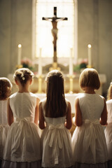 Wall Mural - Gathering of girls in their Sunday best near the church altar with lit candles and a crucifix. Back shot attending a religious service or ceremony. First communion concept.