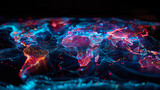Fototapeta  - Illuminated digital network map of the world showcasing connectivity and data flow across continents, with glowing nodes and connection lines over a dark background.