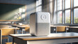 A compact, portable air purifier for a bright, airy classroom. It is located on the table, highlighting the purifier's role in maintaining a clean and safe breathing space for students.