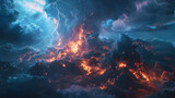 Fototapeta  - A dramatic and surreal landscape showcasing a violent clash between raging fire among mountains and intense lightning in a stormy sky.