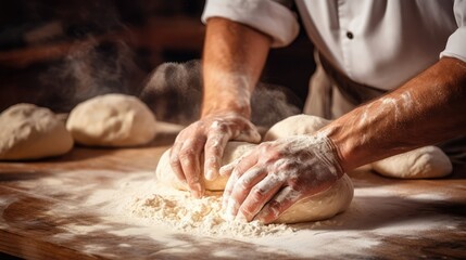 Close up of a baker kneading with his hands to prepare the bread to put in the oven. Concept of: artisan, baker, raw materials, love for food and traditions