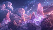 Fantasy landscape with sparkling crystals and clouds under a starry sky, conveying a magical and dreamlike atmosphere ideal for backgrounds or wallpapers