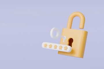 Poster - 3d Yellow Padlock with password and key icon on isolated. Data protection, private access icon, password security access, privacy protection, personal information. Security concept. 3d rendering.