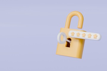 Poster - 3d Yellow Padlock with password and key icon on isolated. Data protection, private access icon, password security access, privacy protection, personal information. Security concept. 3d rendering.
